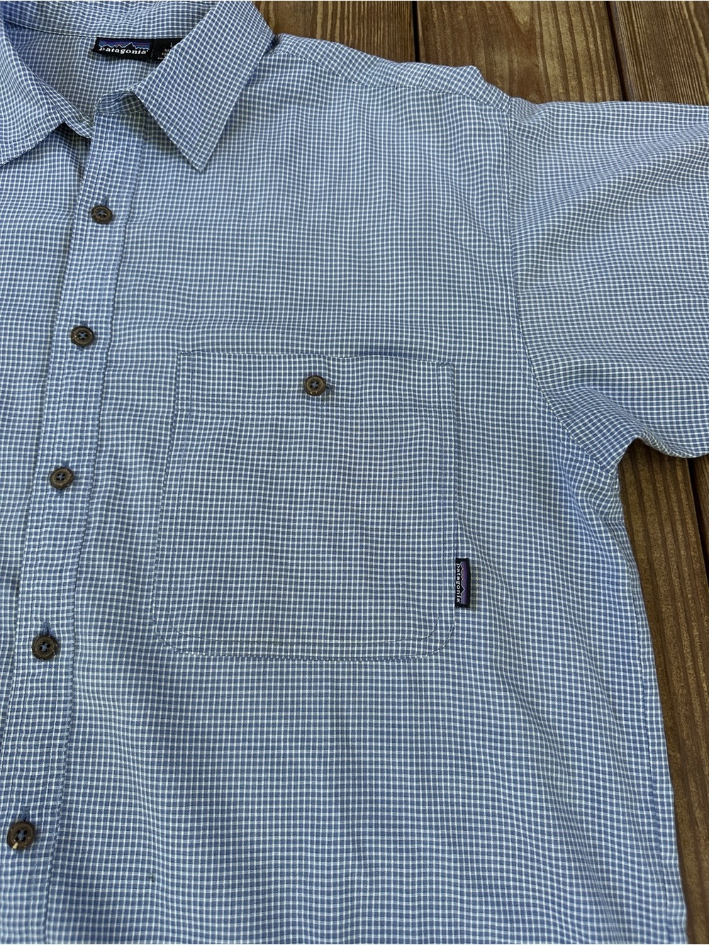 Vintage Patagonia Men’s Blue Micro Check Short Sleeve Button Up Shirt - Picture 2 of 8
